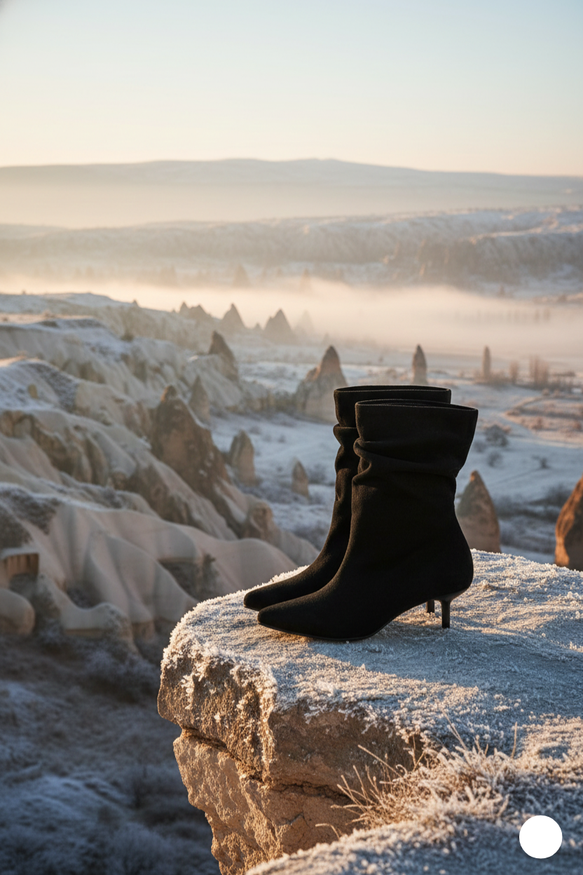Kapadokya Serisi: Siyah Süet Sivri Burun Kadın Yarım Bot