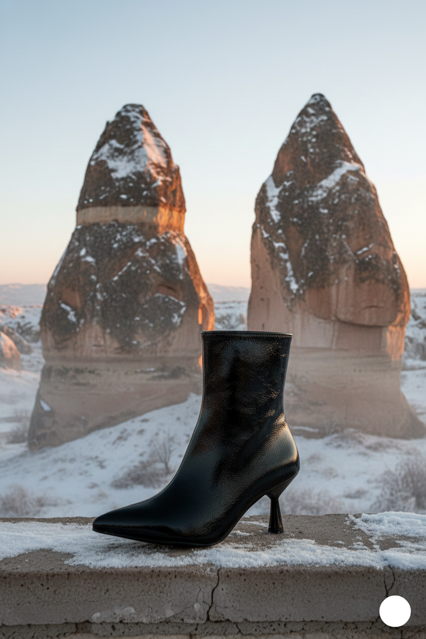 Kapadokya Serisi: Siyah Fermuarlı Sivri Burun İnce Topuklu Kadın Bot