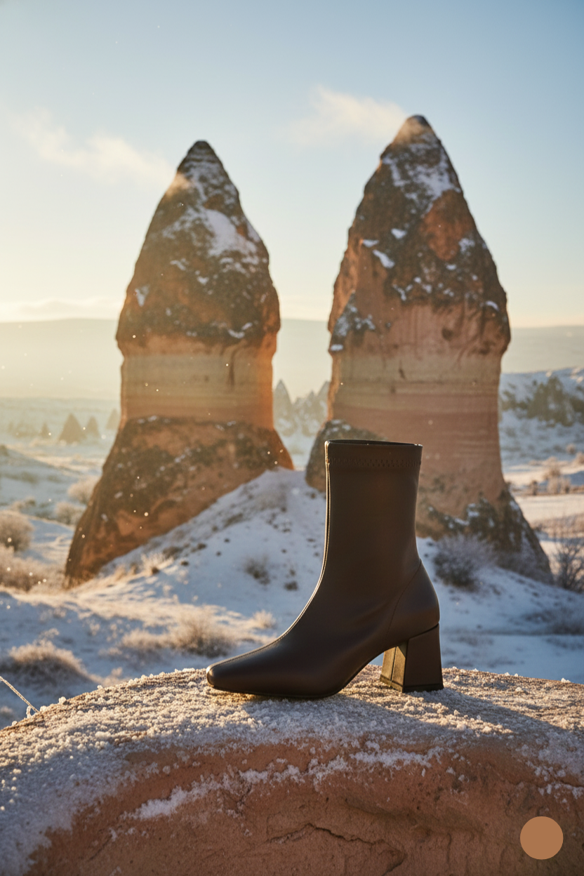 Kapadokya Serisi: Terracotta Ridge – Kahverengi Stretch Fermuarlı Blok Topuklu Bot