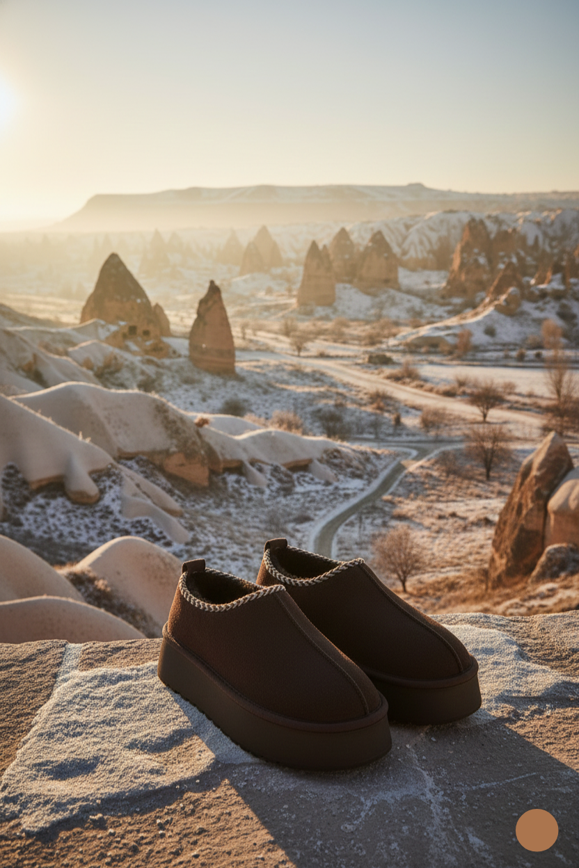 Kapadokya Serisi: Koyu Kahverengi Nakışlı Kürklü Kalın Taban Kadın Bot