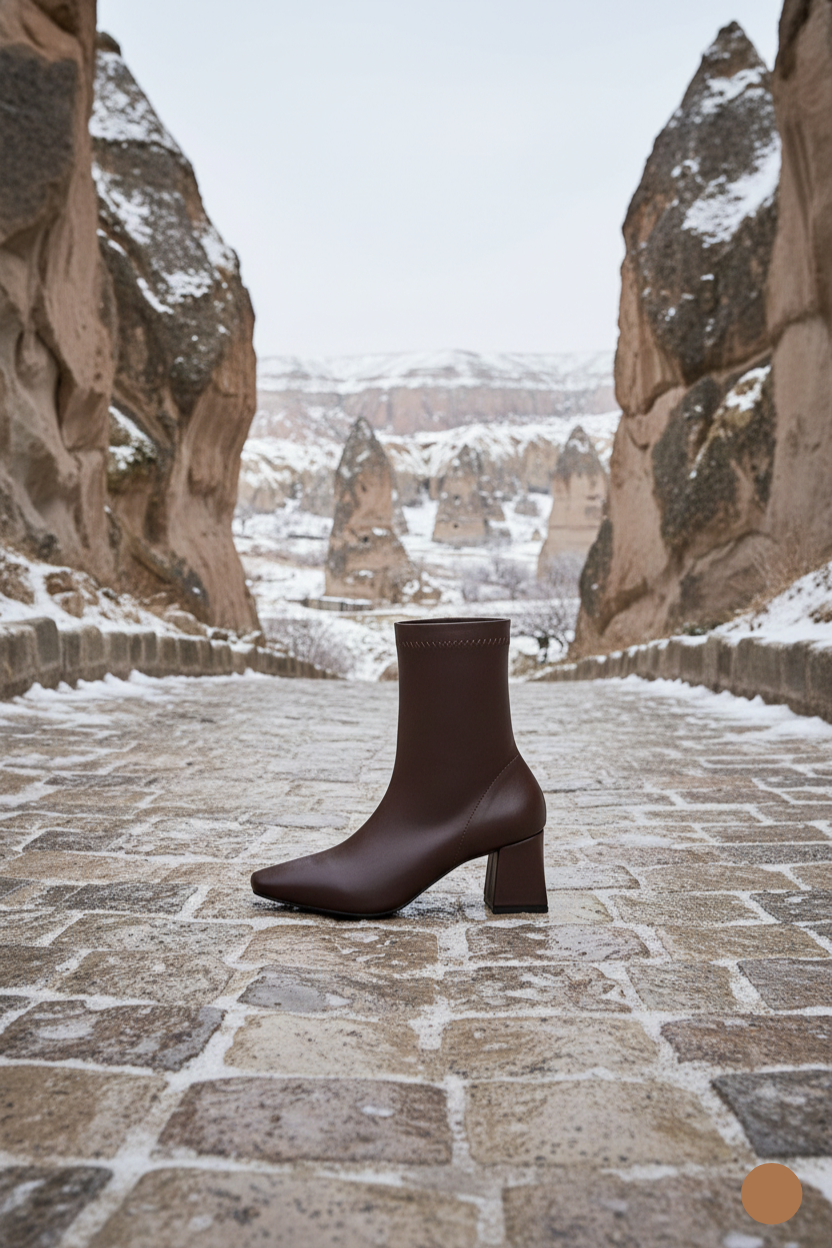 Kapadokya Serisi: Terracotta Ridge – Kahverengi Stretch Fermuarlı Blok Topuklu Bot