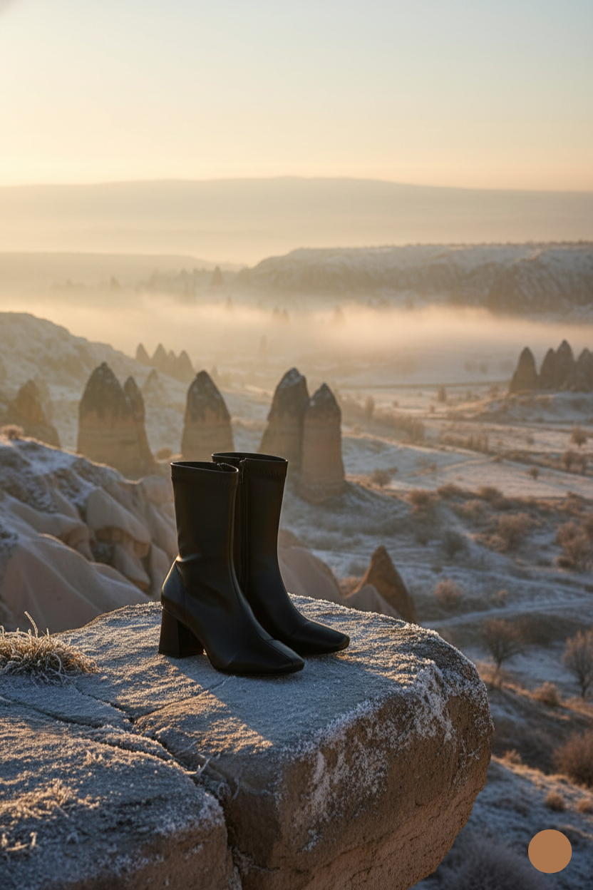 Kapadokya Serisi:  Siyah Streç Fermuarlı Blok Topuklu Kadın Bot