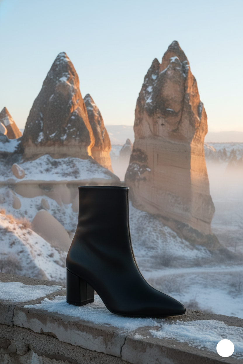 Kapadokya Serisi: Siyah Sivri Burun Blok Topuklu Kadın Bot