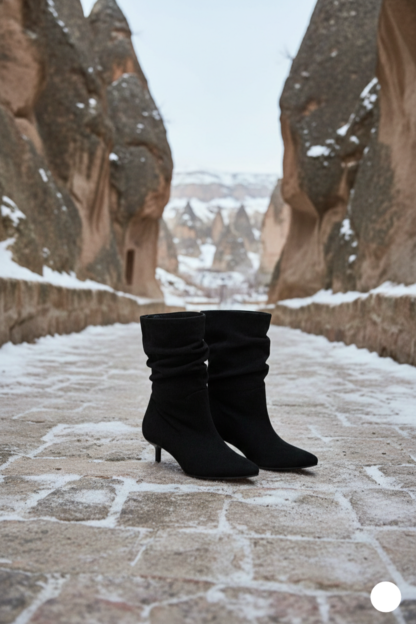 Kapadokya Serisi: Siyah Süet Sivri Burun Kadın Yarım Bot