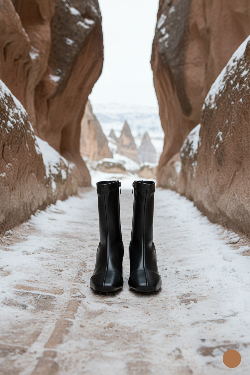 Kapadokya Serisi:  Siyah Streç Fermuarlı Blok Topuklu Kadın Bot