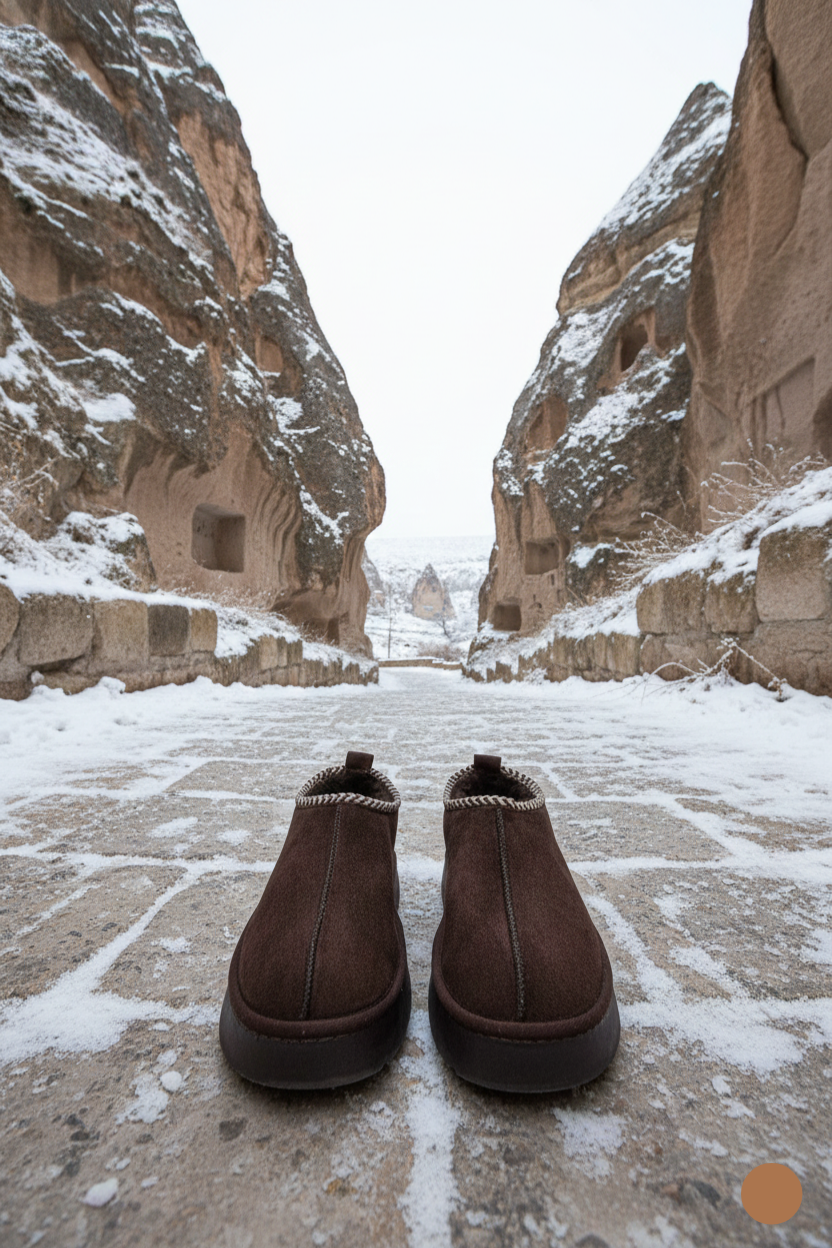 Kapadokya Serisi: Koyu Kahverengi Nakışlı Kürklü Kalın Taban Kadın Bot