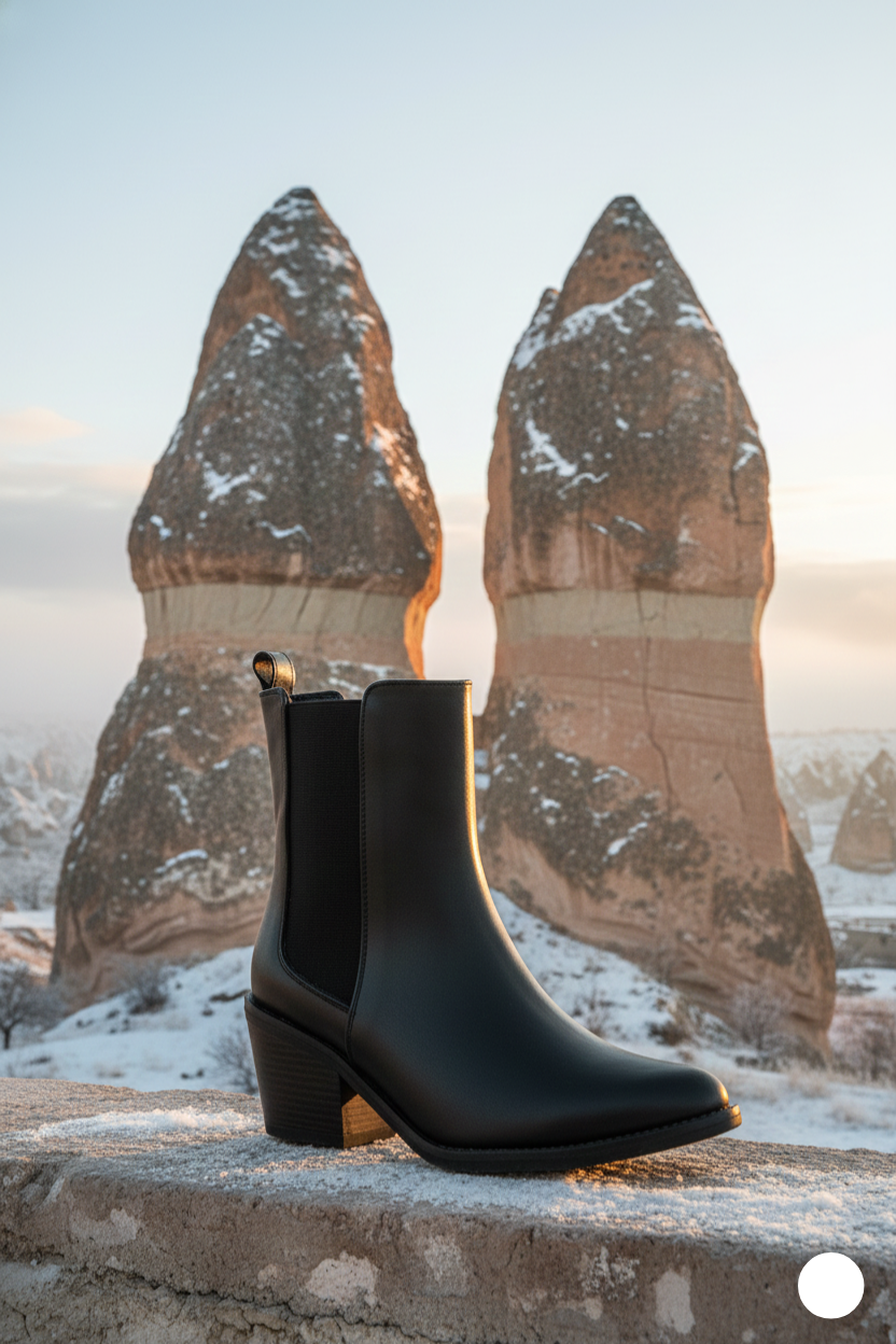 Kapadokya Serisi: Siyah Lastikli Kovboy Blok Topuklu Kadın Bot