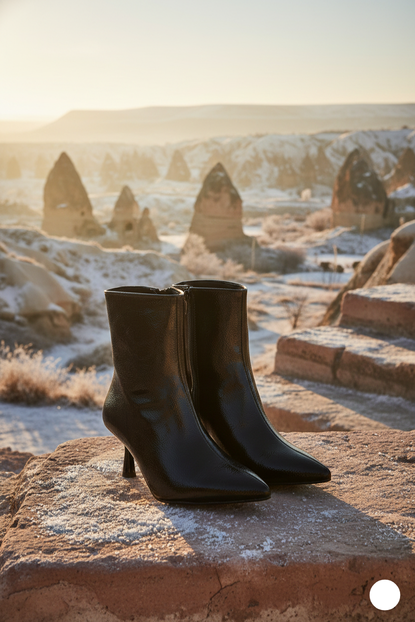 Kapadokya Serisi: Siyah Fermuarlı Sivri Burun İnce Topuklu Kadın Bot