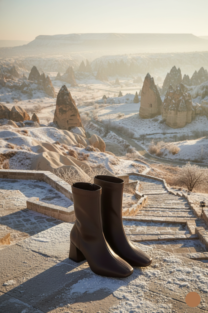 Kapadokya Serisi: Terracotta Ridge – Kahverengi Stretch Fermuarlı Blok Topuklu Bot