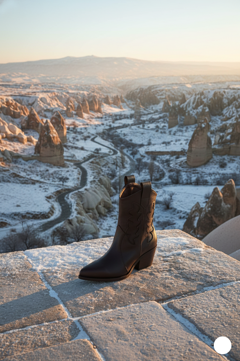 Kapadokya Serisi: Koyu Kahverengi Nakışlı Kadın Kovboy Botu