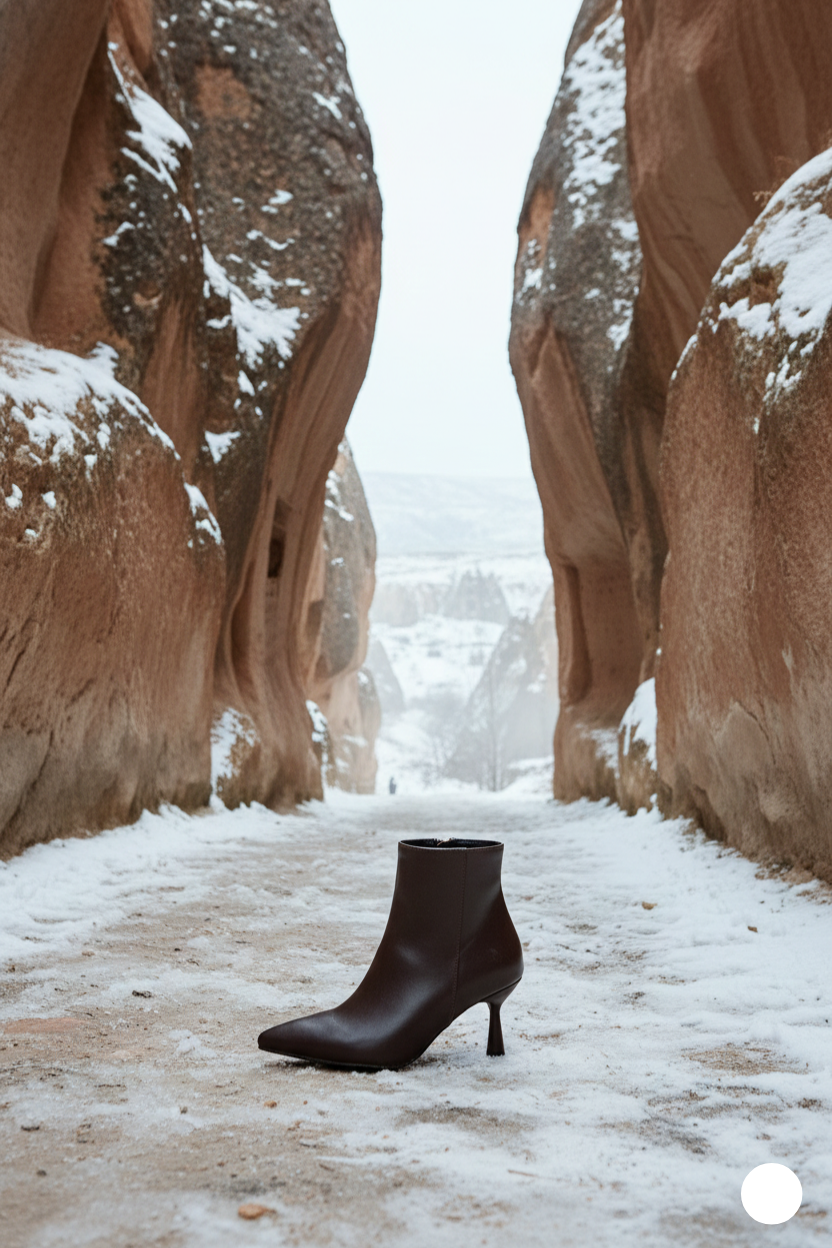 Kapadokya Serisi: Koyu Kahverengi Sivri Burun Blok Topuklu Yarım Bot