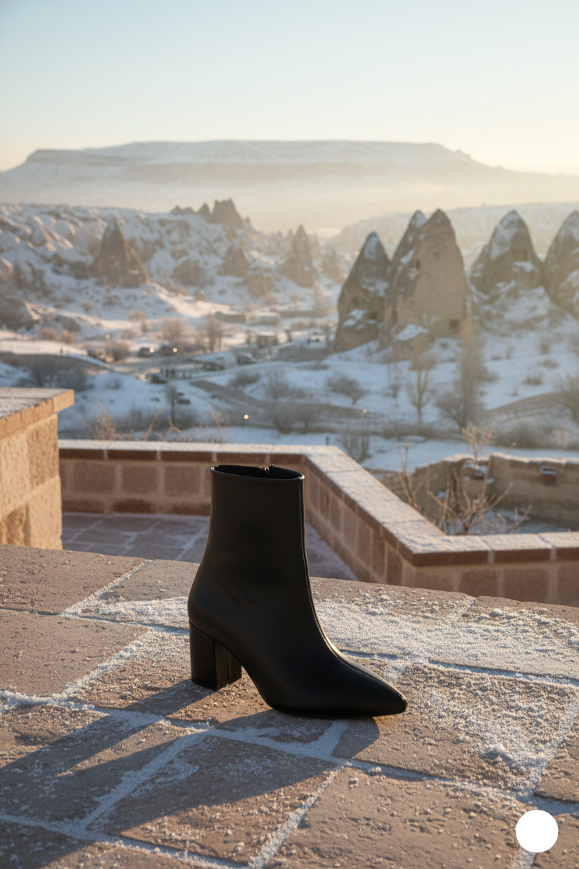 Kapadokya Serisi: Siyah Sivri Burun Blok Topuklu Kadın Bot
