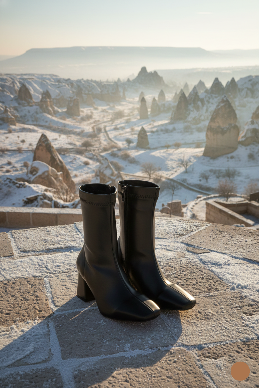 Kapadokya Serisi:  Siyah Streç Fermuarlı Blok Topuklu Kadın Bot