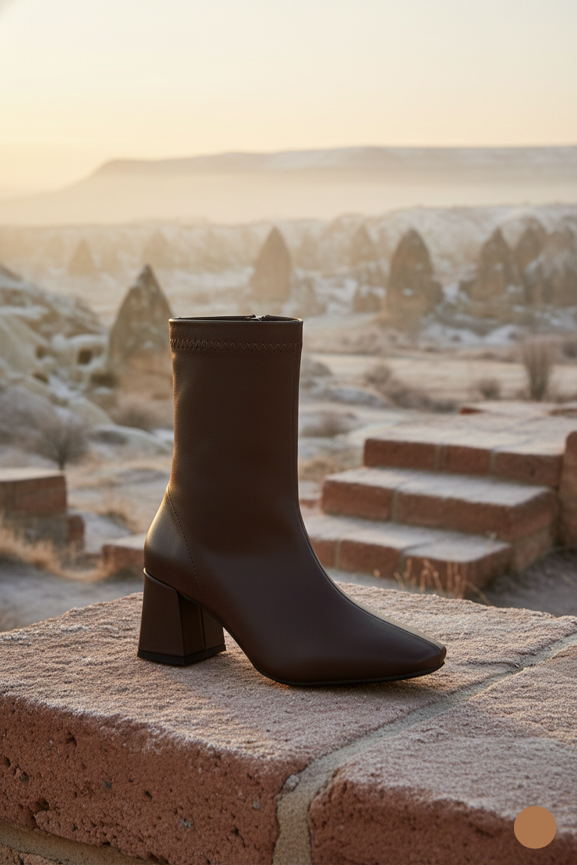 Kapadokya Serisi: Terracotta Ridge – Kahverengi Stretch Fermuarlı Blok Topuklu Bot