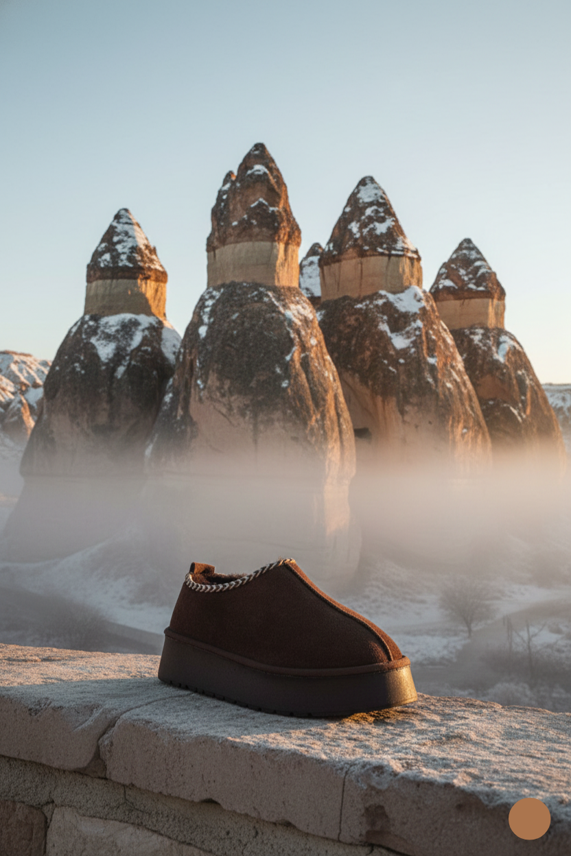 Kapadokya Serisi: Koyu Kahverengi Nakışlı Kürklü Kalın Taban Kadın Bot