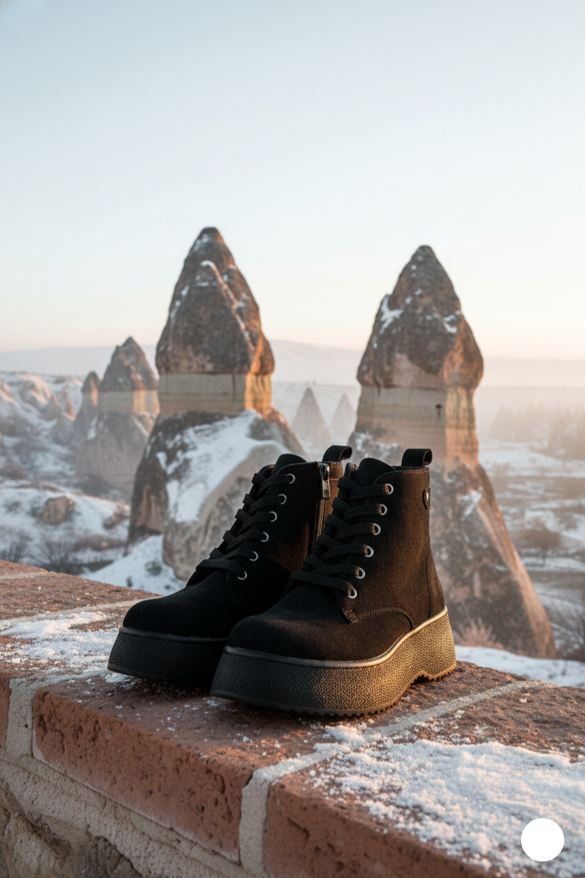 Kapadokya Serisi: Siyah Süet Fermuarlı Bağcıklı Kadın Bot