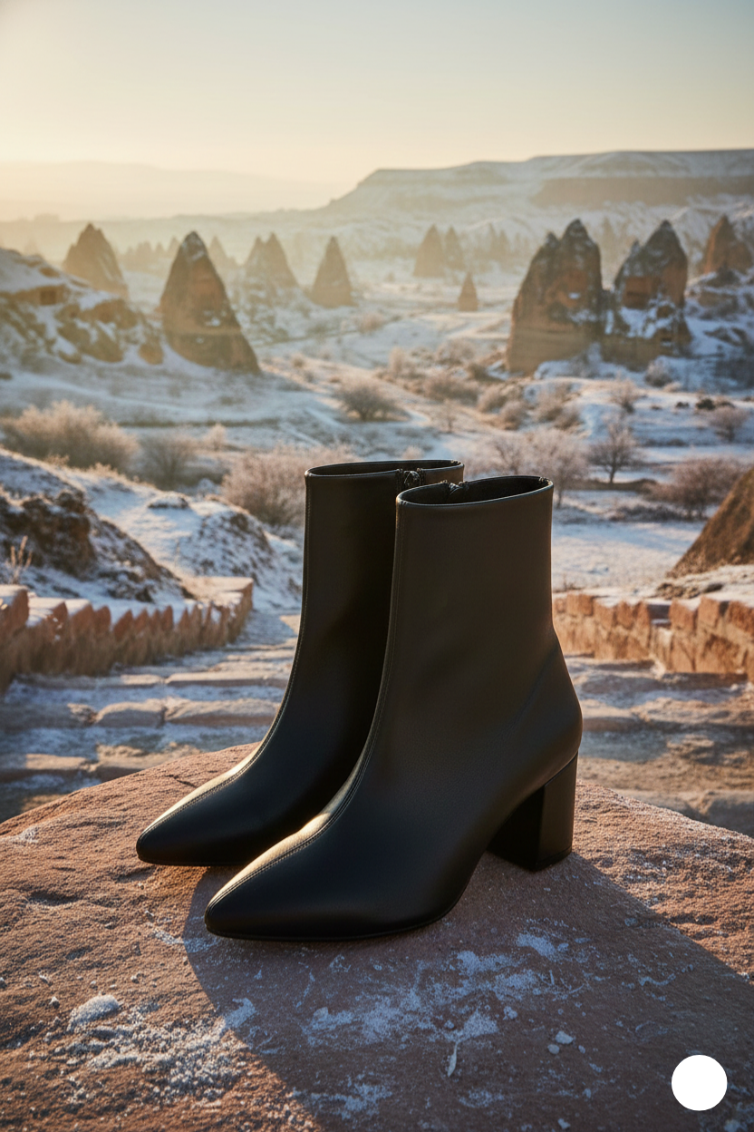 Kapadokya Serisi: Siyah Sivri Burun Blok Topuklu Kadın Bot