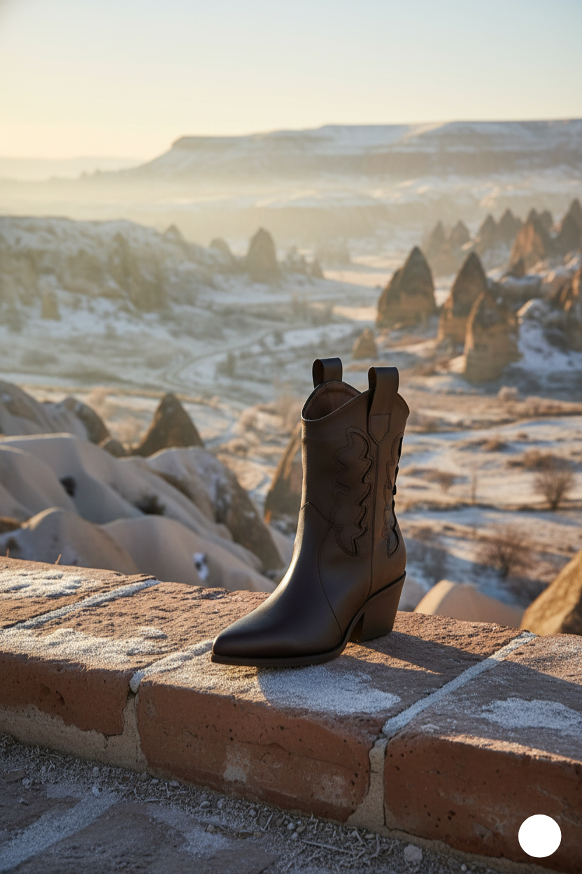 Kapadokya Serisi: Koyu Kahverengi Nakışlı Kadın Kovboy Botu