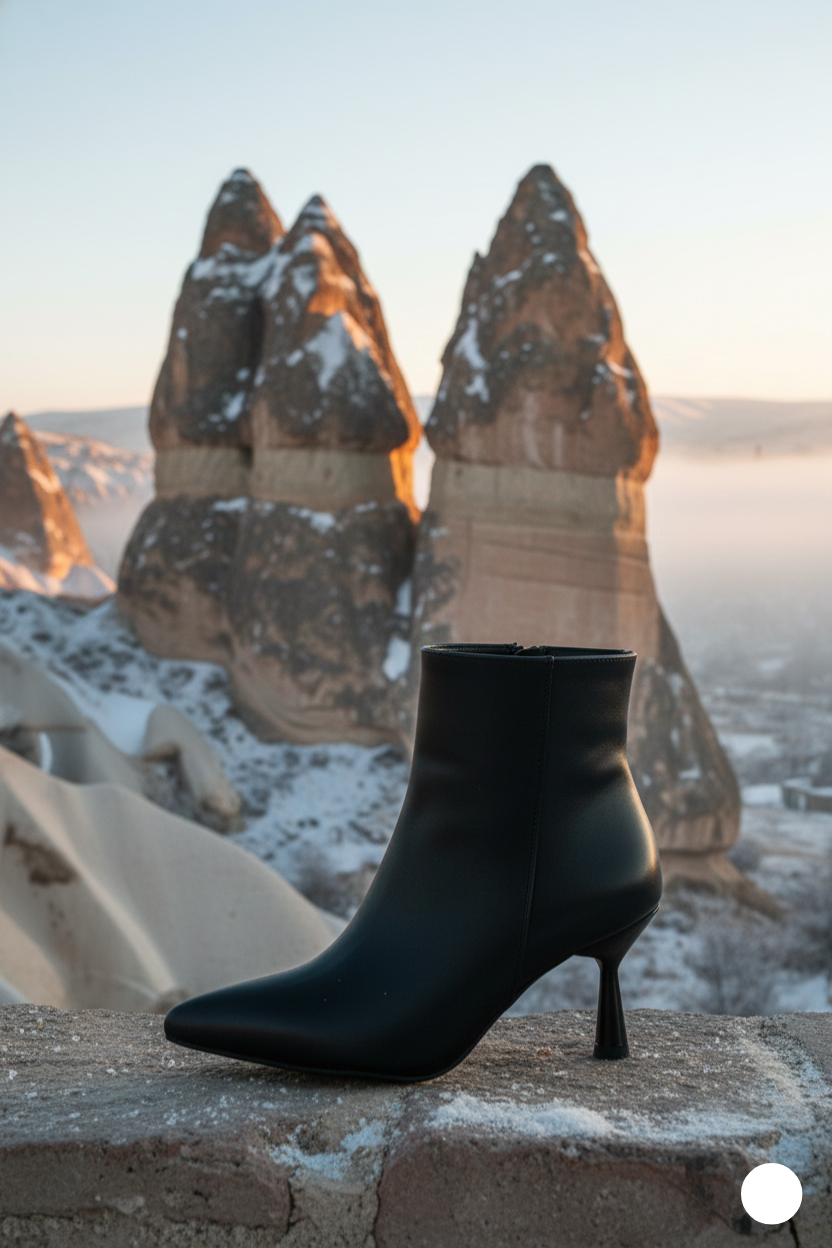 Kapadokya Serisi:  Siyah Sivri Burun İnce Topuklu Yarım Bot