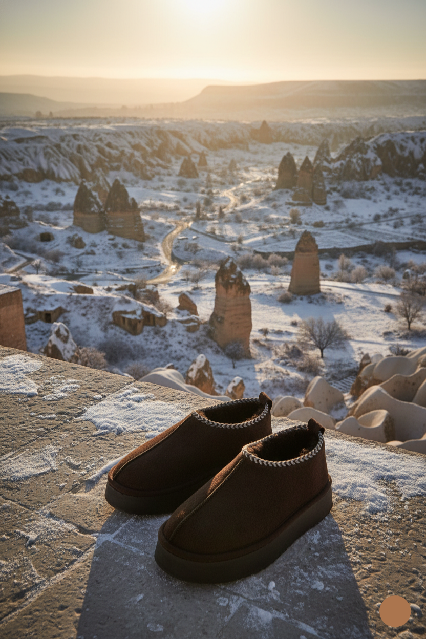 Kapadokya Serisi: Koyu Kahverengi Nakışlı Kürklü Kalın Taban Kadın Bot