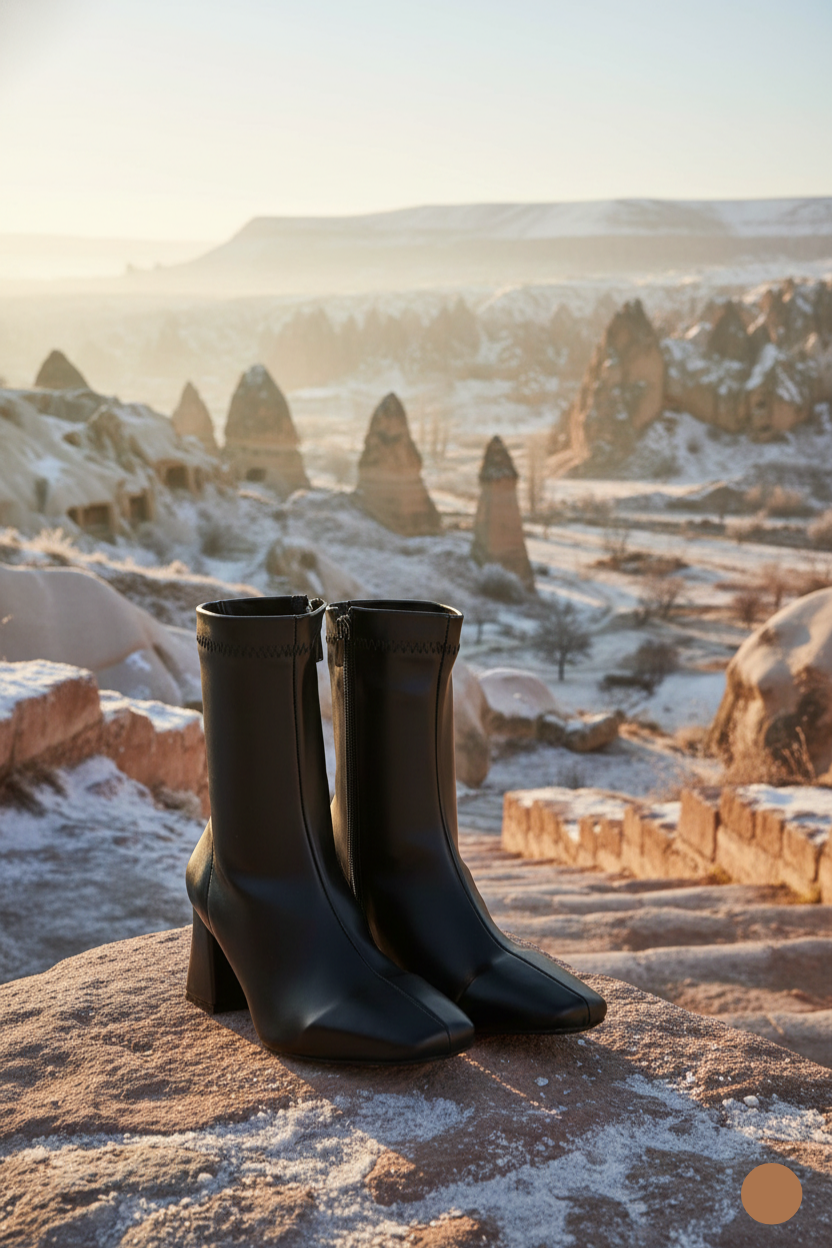 Kapadokya Serisi:  Siyah Streç Fermuarlı Blok Topuklu Kadın Bot