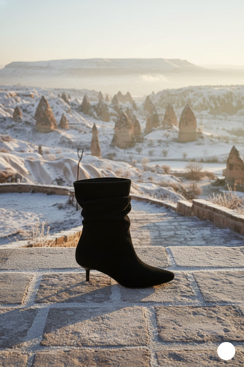 Kapadokya Serisi: Siyah Süet Sivri Burun Kadın Yarım Bot