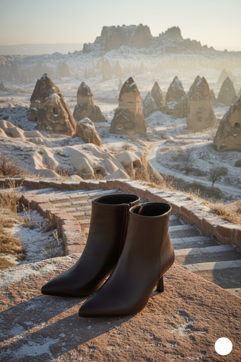 Kapadokya Serisi: Koyu Kahverengi Sivri Burun Blok Topuklu Yarım Bot