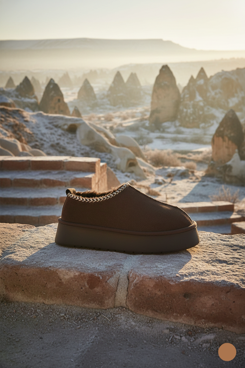 Kapadokya Serisi: Koyu Kahverengi Nakışlı Kürklü Kalın Taban Kadın Bot