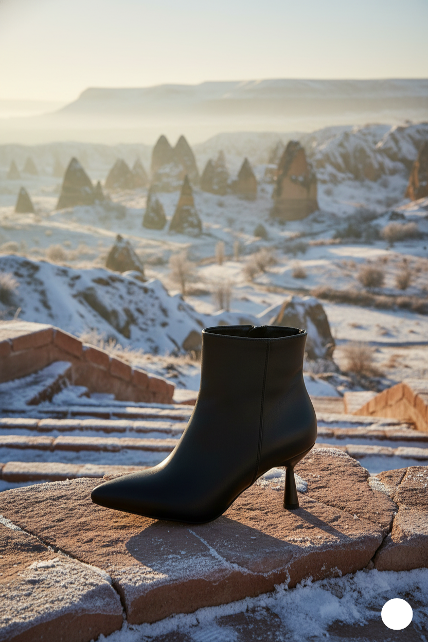 Kapadokya Serisi:  Siyah Sivri Burun İnce Topuklu Yarım Bot