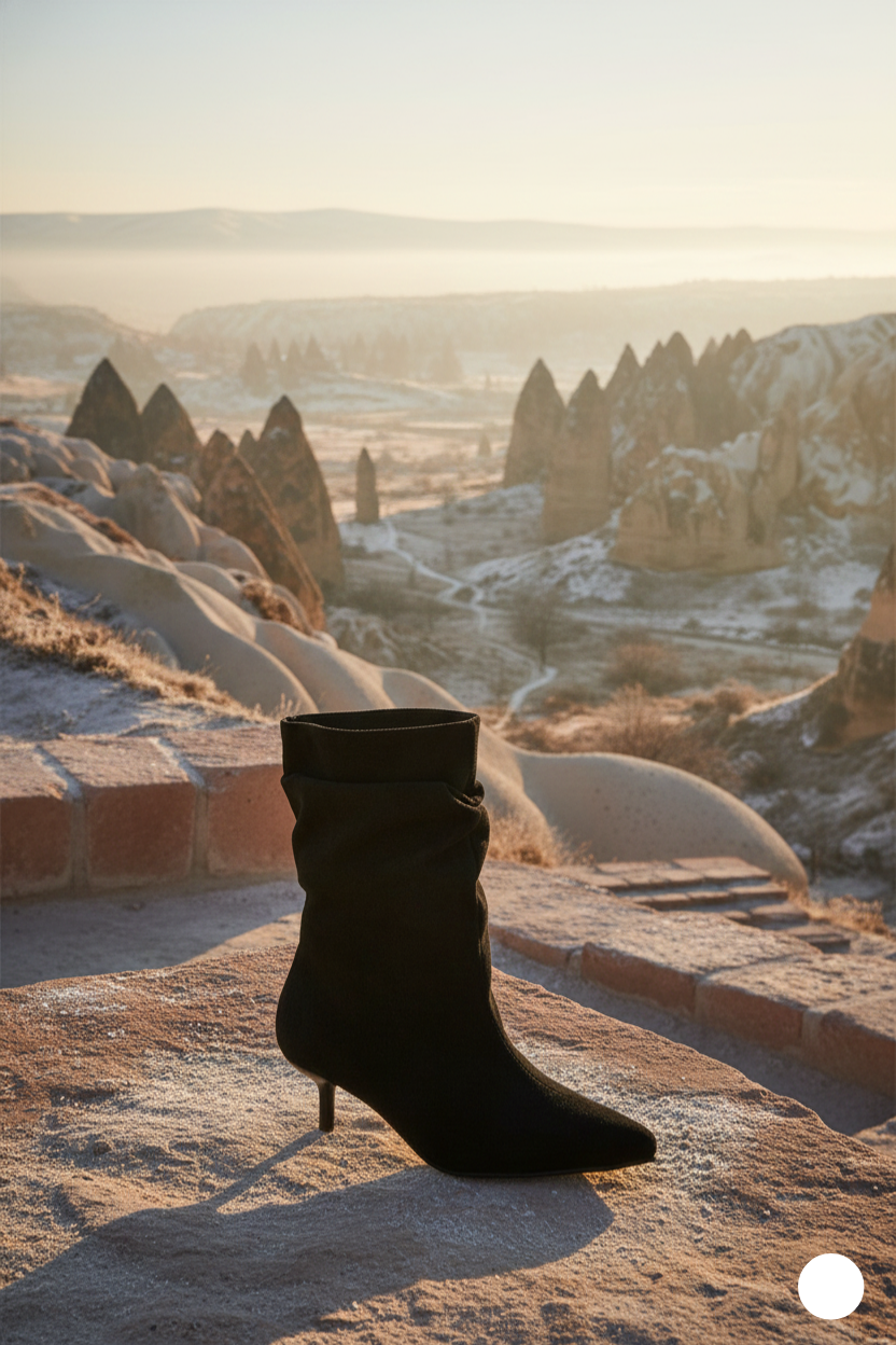 Kapadokya Serisi: Siyah Süet Sivri Burun Kadın Yarım Bot