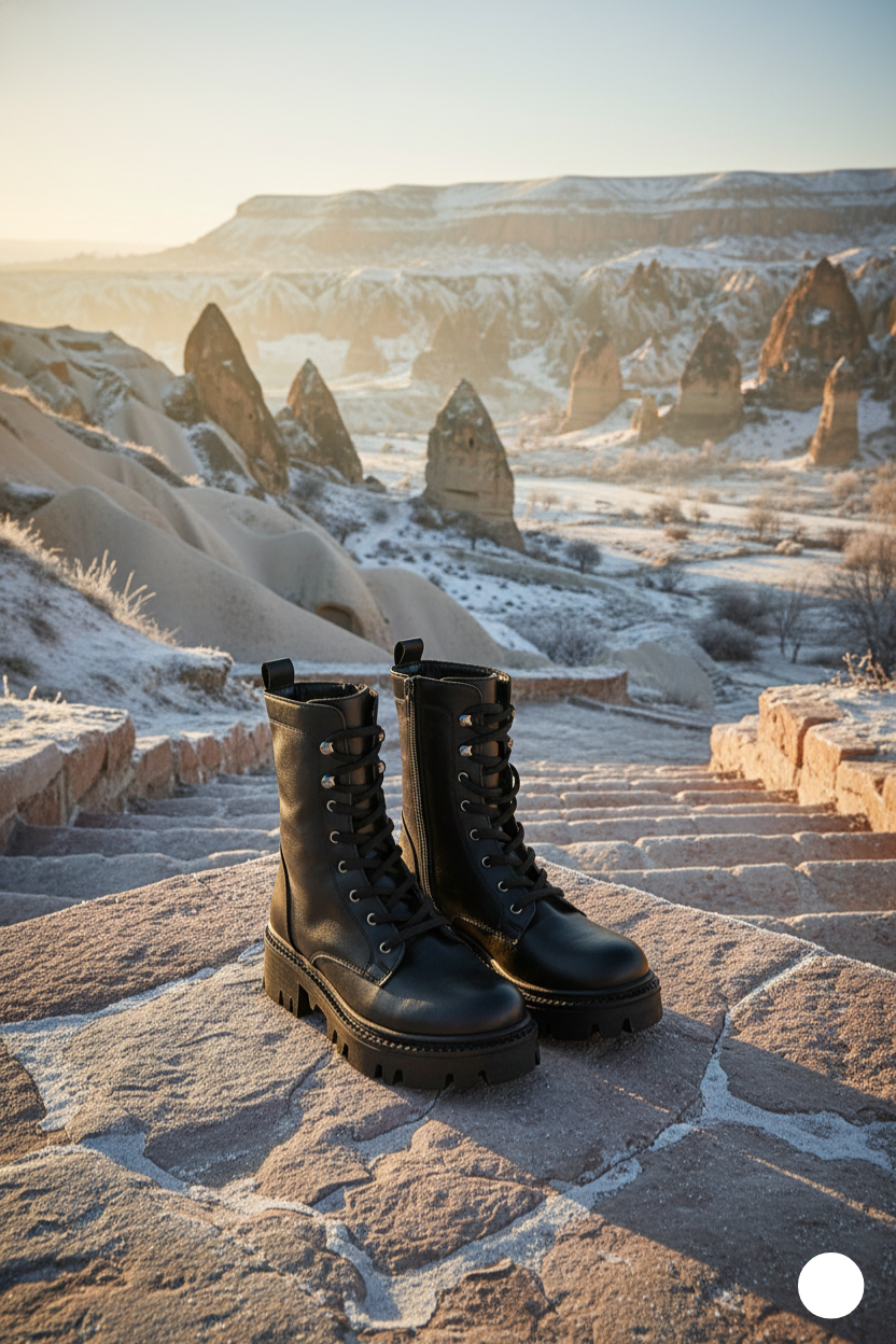 Kapadokya Serisi:  Siyah Fermuarlı Bağcıklı Postal Kadın Bot