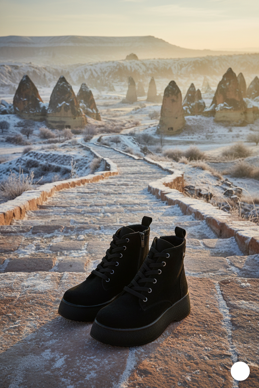 Kapadokya Serisi: Siyah Süet Fermuarlı Bağcıklı Kadın Bot