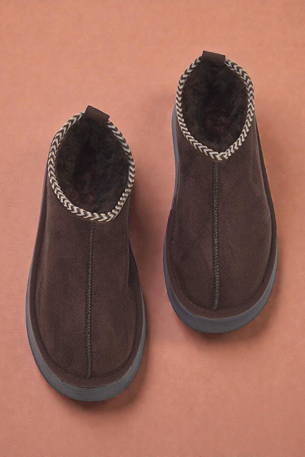 Kapadokya Serisi: Koyu Kahverengi Nakışlı Kürklü Kalın Taban Kadın Bot