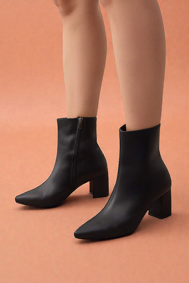 Kapadokya Serisi: Siyah Sivri Burun Blok Topuklu Kadın Bot