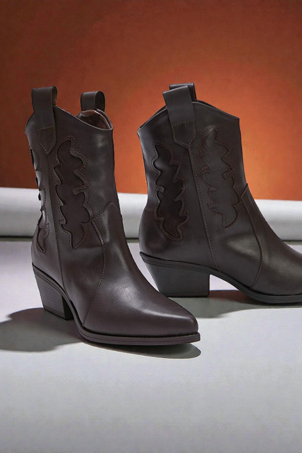 Kapadokya Serisi: Koyu Kahverengi Nakışlı Kadın Kovboy Botu