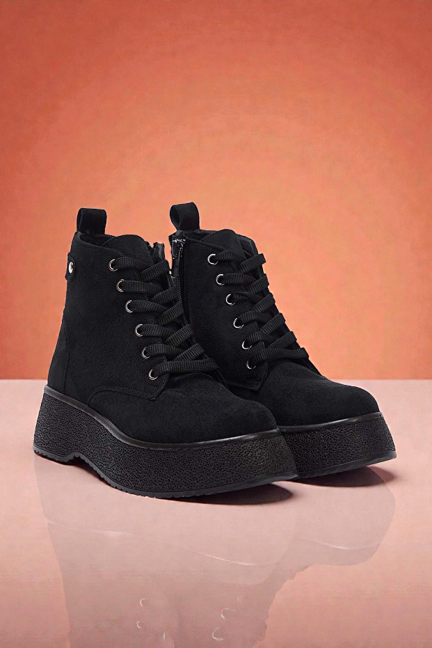 Kapadokya Serisi: Siyah Süet Fermuarlı Bağcıklı Kadın Bot