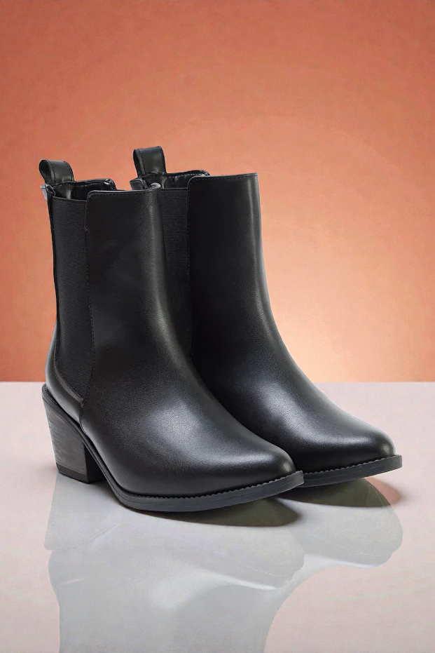 Kapadokya Serisi: Siyah Lastikli Kovboy Blok Topuklu Kadın Bot