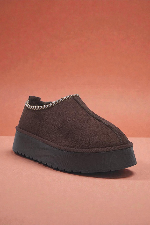 Kapadokya Serisi: Koyu Kahverengi Nakışlı Kürklü Kalın Taban Kadın Bot