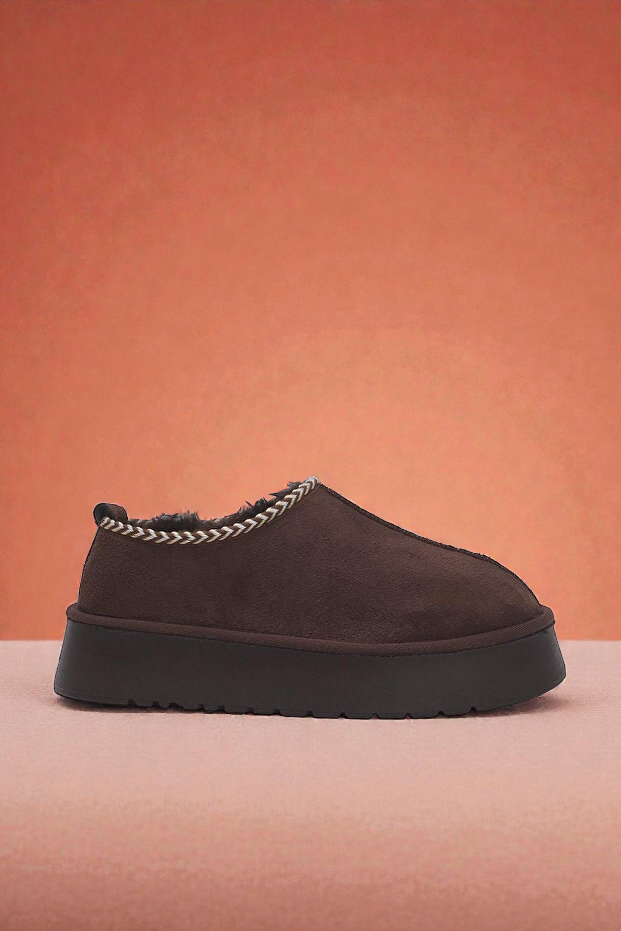 Kapadokya Serisi: Koyu Kahverengi Nakışlı Kürklü Kalın Taban Kadın Bot