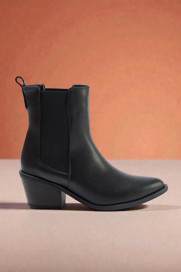 Kapadokya Serisi: Siyah Lastikli Kovboy Blok Topuklu Kadın Bot