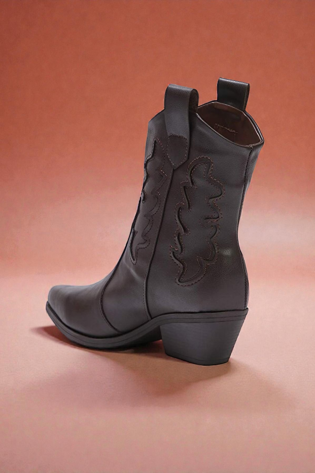 Kapadokya Serisi: Koyu Kahverengi Nakışlı Kadın Kovboy Botu