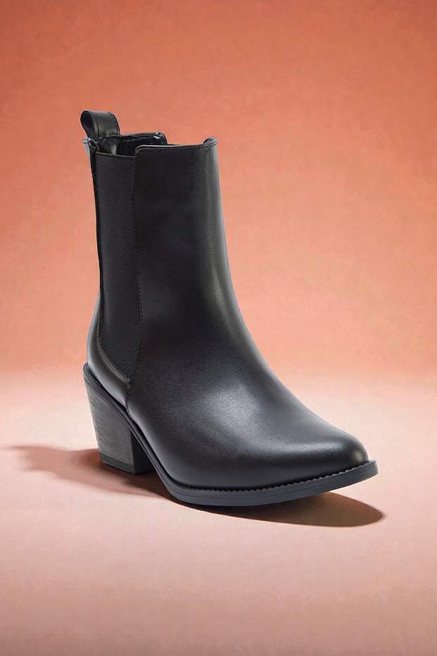 Kapadokya Serisi: Siyah Lastikli Kovboy Blok Topuklu Kadın Bot